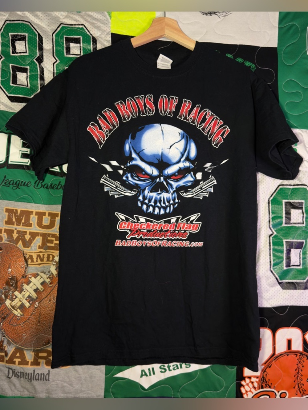 Y2K Bad Boys of Racing Skull Tee M Checkered Flag Double Sided